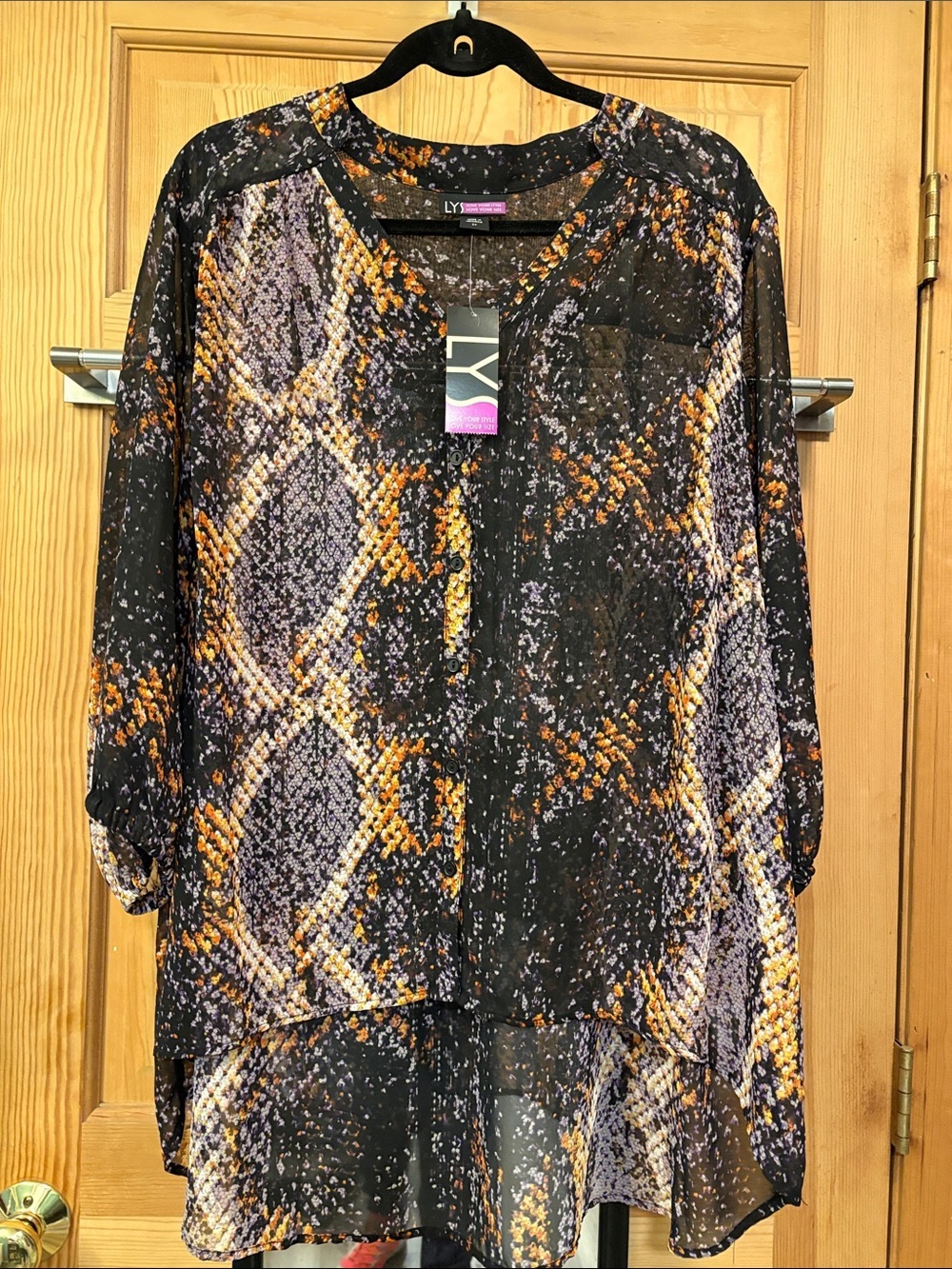 Snakeskin Multi Color Button Up Sheer Blouse Sz 2XL